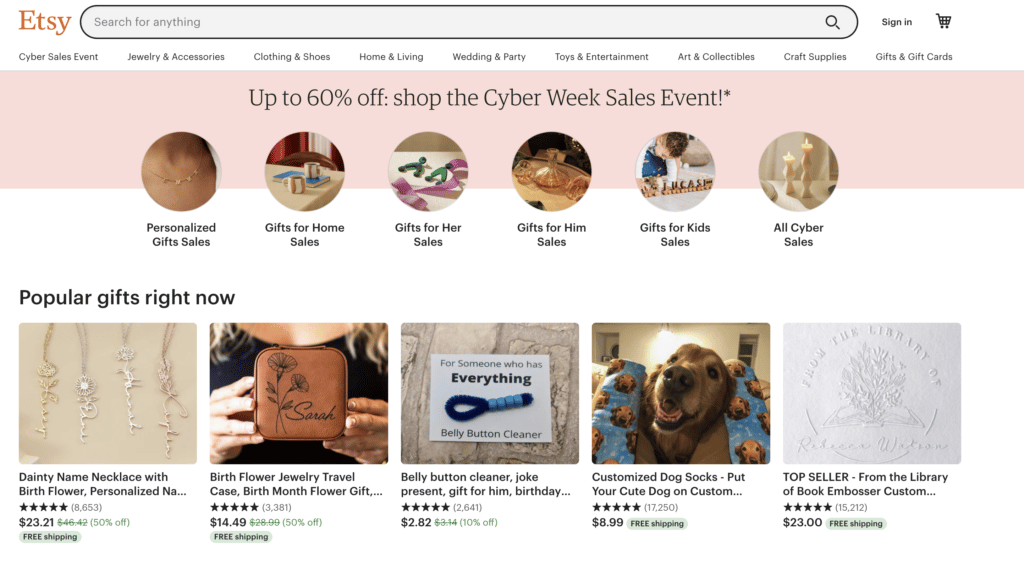 Screenshot of Etsy.com homepage. Esty.com is a great online marketplace to sell good to make extra money quickly