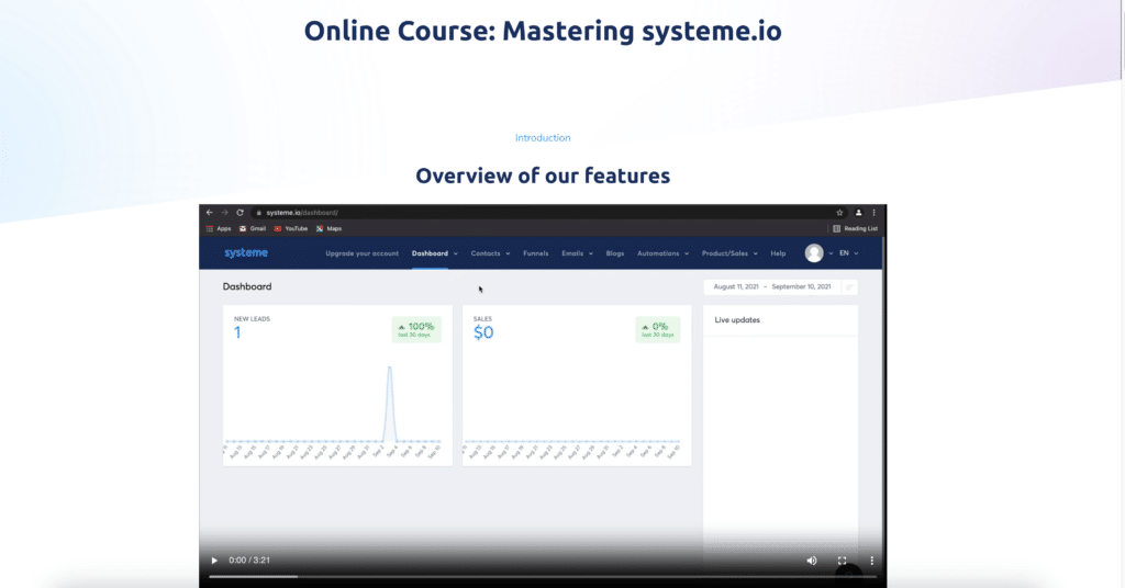 screenshot of systeme.io's tutorials page on their site